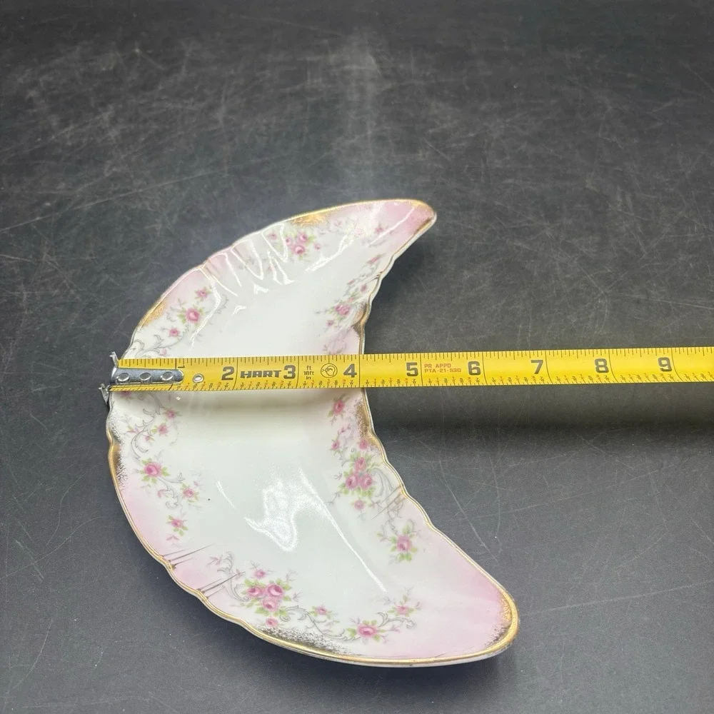 Lefton China Trinket Dish Dainty Pink Rose, Gold Trim Crescent‎ Shape